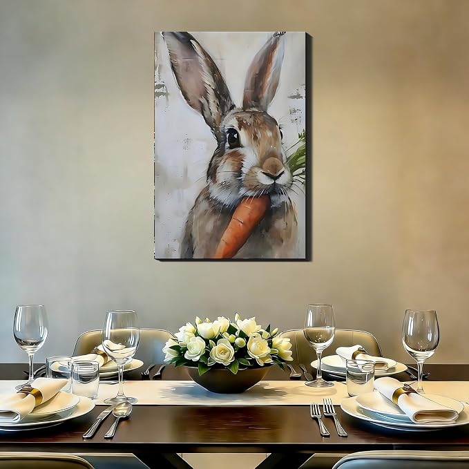 Rabbit Eating Carrot Framed Canvas Wall Art, Vintage Bunny Portrait Canvas Prints, Easter Rabbit Artwork for Living Room, Animal Painting Bedroom Office Bathroom Wall Decor