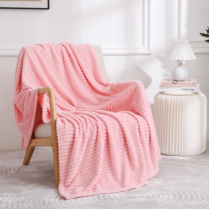 Puncuntex Fleece Throw Blanket Light Pink 50"×70" with Square Grid Design | Super Soft Plush Cozy Flannel Throw Blanket Luxury for Couch Sofa Chair