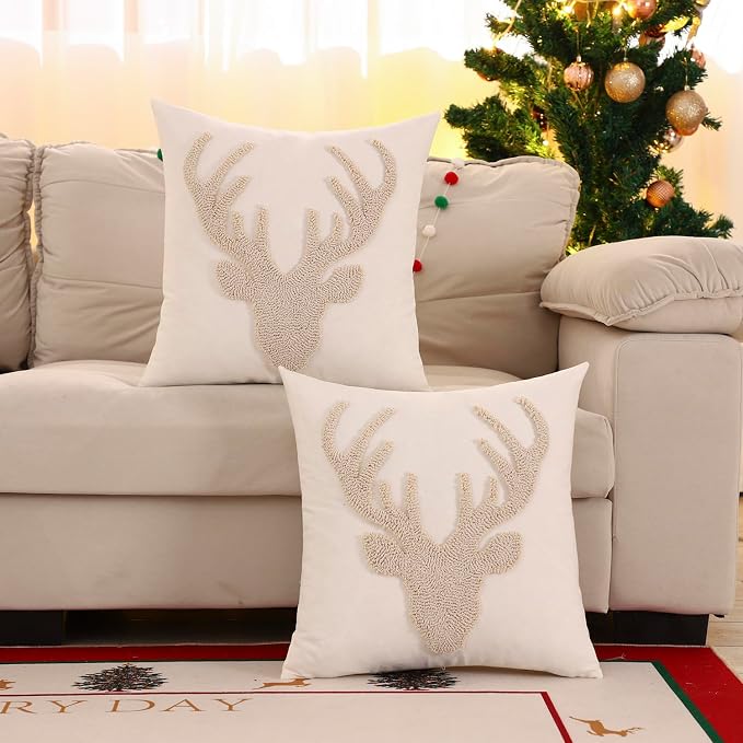 LUOYEHK Christmas Reindeer Pillow Covers 18x18 Set of 2 Farmhouse Rustic Throw Pillows Winter Holiday Merry Christmas Cushion Covers for Couch Sofa Bed