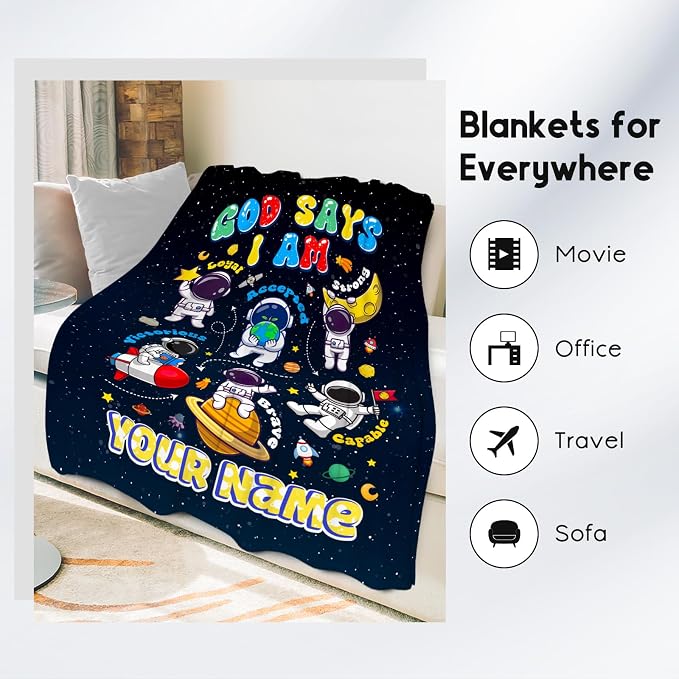 Personalized Planet Blanket, Kids Throw Blanket for Boys, Planet Gifts for Toddler Child, God Says I Am Blanket for Kids, Inspirational Gifts for Son, Soft Plush Throw Blankets for Couch, 50"x60"