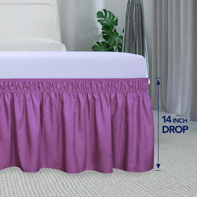 PureFit Wrap Around Ruffled Bed Skirt, Purple, Twin/Full - 14" Drop | Wrinkle Free Bedskirt Dust Ruffles, Easy to Put On Frame Cover with Adjustable Elastic Belt