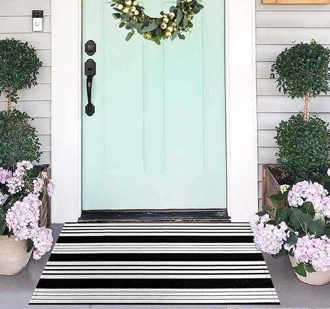 Black and White Striped Door Mat Outdoor 24"x35"Washable Layered Doormat | Hand-Woven Farmhouse Indoor/Outdoor Rug Front Porch Mat Combined Use with Hello Welcome Mat