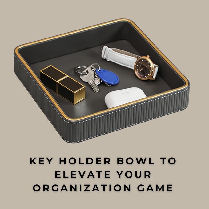 Gray Nightstand Bedside Organizer Tray|Key Bowl for Entryway Table| Bowl for Keys and Wallet Catch All|Small Leather Valet Tray Desk Organizer|EDC Trinket Catchall Key Holder Bowl|Key Basket or Dish