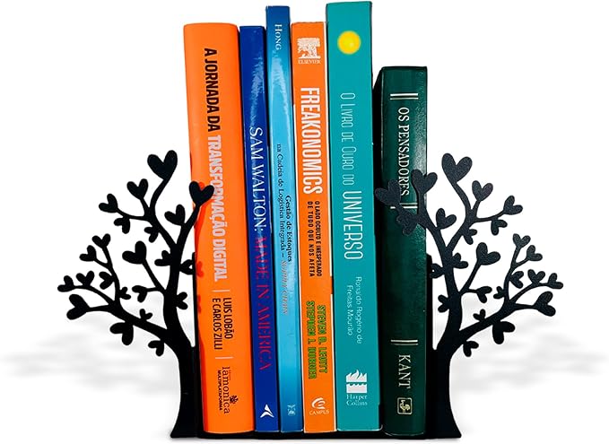 Tree Bookends with Heart-Shaped Leaves - Steel with Epoxy Coating and Wood Base - Decorative Pair of Book Holders for Shelves and Desk - Black – Geguton