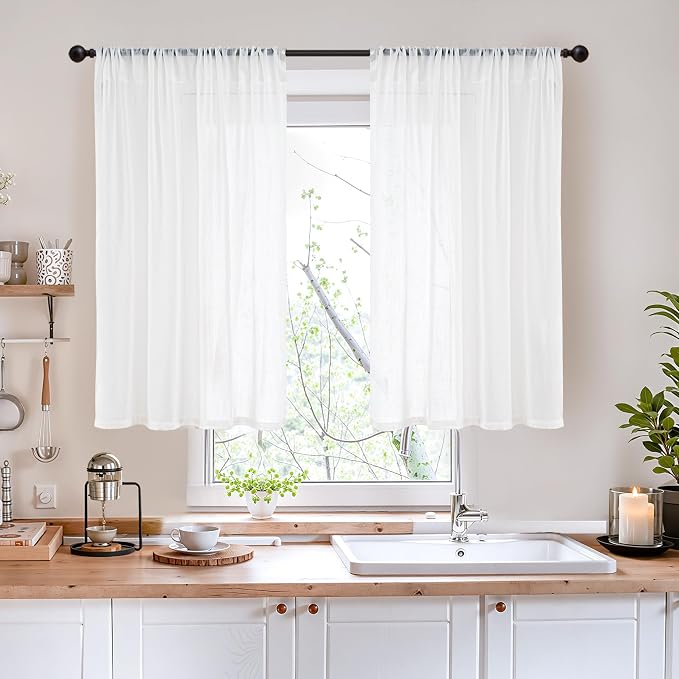 BGment 40 Inches Long White Linen Curtains for Kitchen Cafe Window | Semi Sheer Short Length Drapes with Rod Pocket Light Filtering for Bedroom Bathroom Lightweight, 2 Panels Set, 42 X 40 Inch