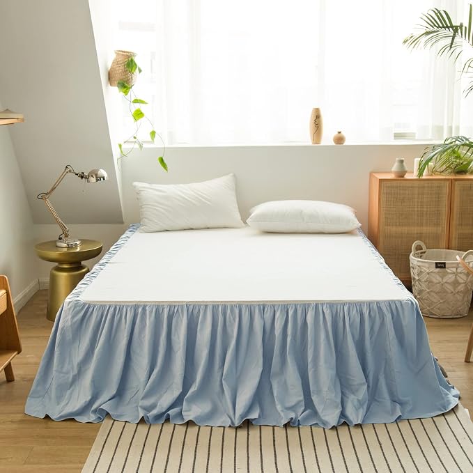 BISELINA French Linen Bed Skirt with Pleated Frills 14-Inch Tailored Drop Natural Flax Cotton Blend Dust Ruffle Soft Cozy Farmhouse Bedding (14" Full, Ruffle Dusty Blue)