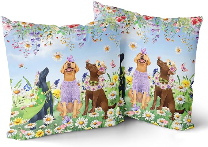 Giwawa 2PCs Spring Dogs Throw Pillow Covers, 20"x20" Colorful Wildflowers Funny Puppy Decorative Square Pillow Cases, Watercolor Floral Animal Cotton Cushion Covers Sofa Porch Bedding Decor