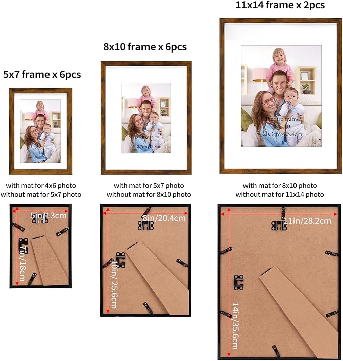 Giftgarden 14 Pack Brown Picture Frames Set, 2pcs 11x14 Matted for 8x10, 6pcs 8x10 Matted for 5x7, 6pcs 5x7 Matted for 4x6, Gallery Frame Collage for Wall or Tabletop Display