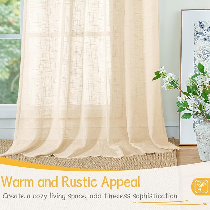 YoungsTex Linen Semi Sheer Curtains 63 Inch Length Cream Beige Drapes | Short Drapes with Back Tab Rod Pocket for Bedroom Living Room Window Light Filtering, 2 Panels, 52 X 63 Inch