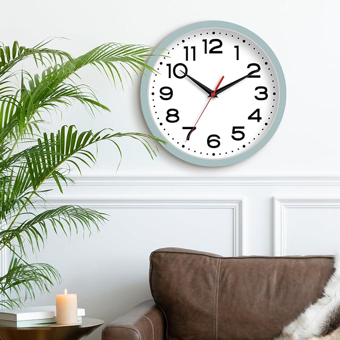 Roymnie 8 Inch Small Wall Clock, Battery Operated Silent Non Ticking | Blue Gray analog wall clock; bold numerals for easy reading; silent non-ticking; 1 AA battery (not included); for classroom