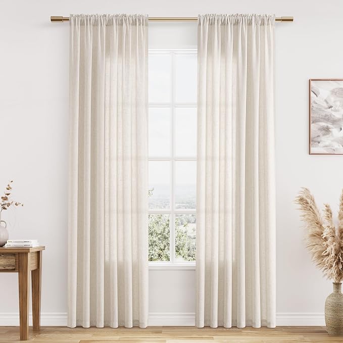 Warm Beige Linen Curtains 84 Inches Long 2 Panel Set Rod Pocket Semi Sheer Dining Room Cozy Bedroom Decor Cotton Look Country Rustic Farmhouse Boho Curtains 52x84