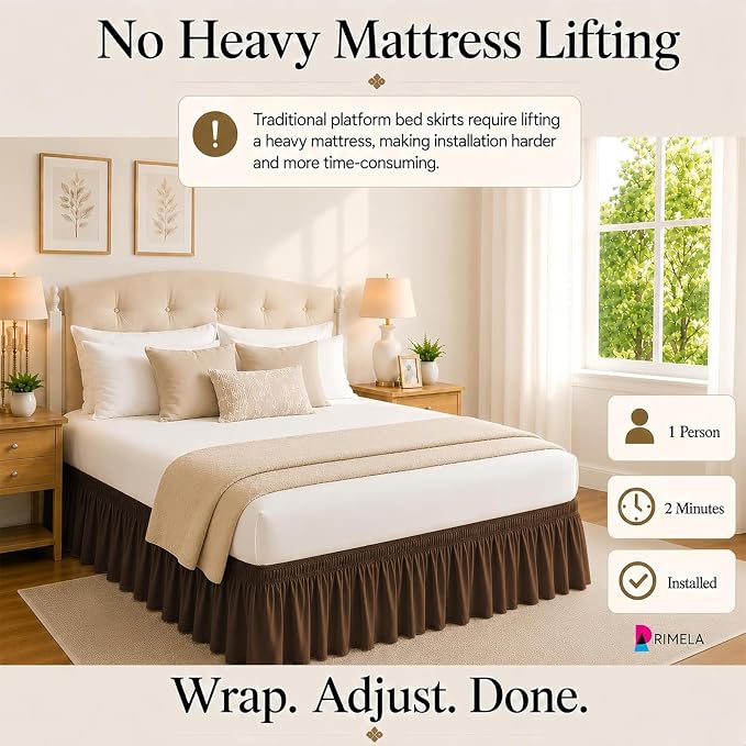 Brown Bed Skirt King Size 18 Inch Drop, Elastic Wrap Around Bedskirt | Solid Ruffled, Easy to Use, No Mattress Lifting, Wrinkle & Fade Resistant, with Adhesive Strips, Machine Wash/Dry/Iron