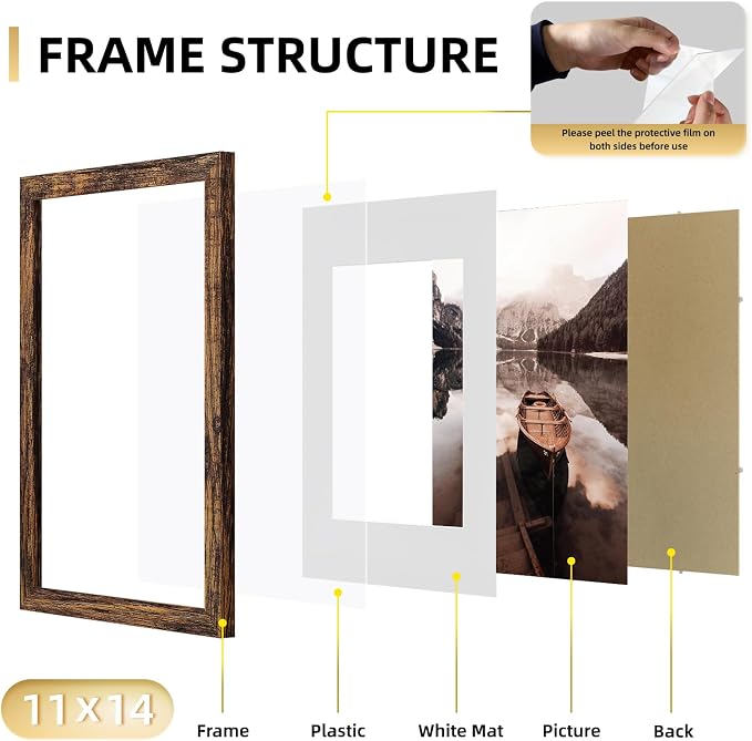 YESKAY 11x14 Picture Frame Set of 9, Photo Gallery Wall Frame Set, Display Pictures 8x10 with Mat or 11 x 14 Without Mat, Multi Photo Frames for Wall Mounting or Table Top Display, Rustic Brown