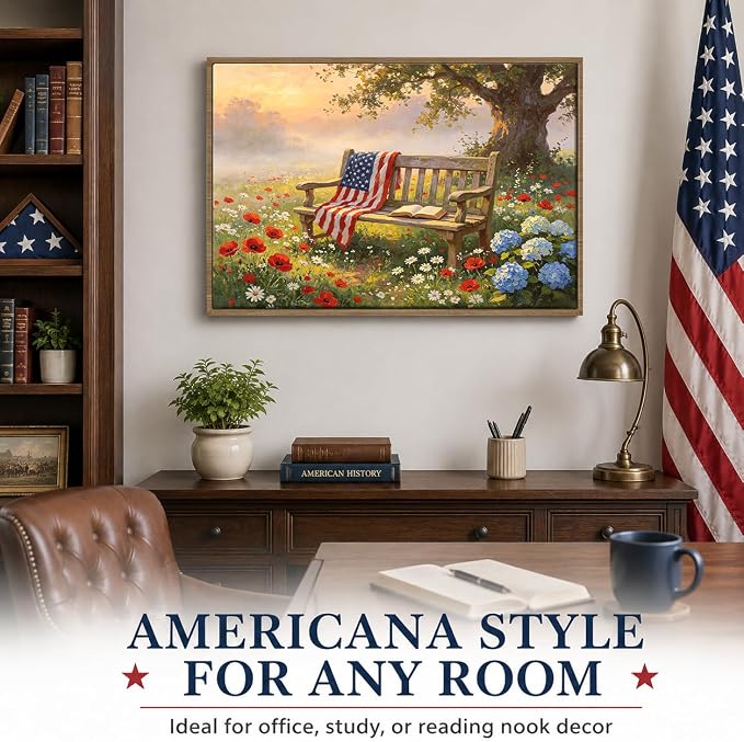 American Flag Framed Canvas Wall Art, 4th of July Patriotic Canvas Prints | Wildflower Landscape Poster Print, Vintage Rustic Independence Day Wall Decor for Bedroom Living Room Office 20×24in