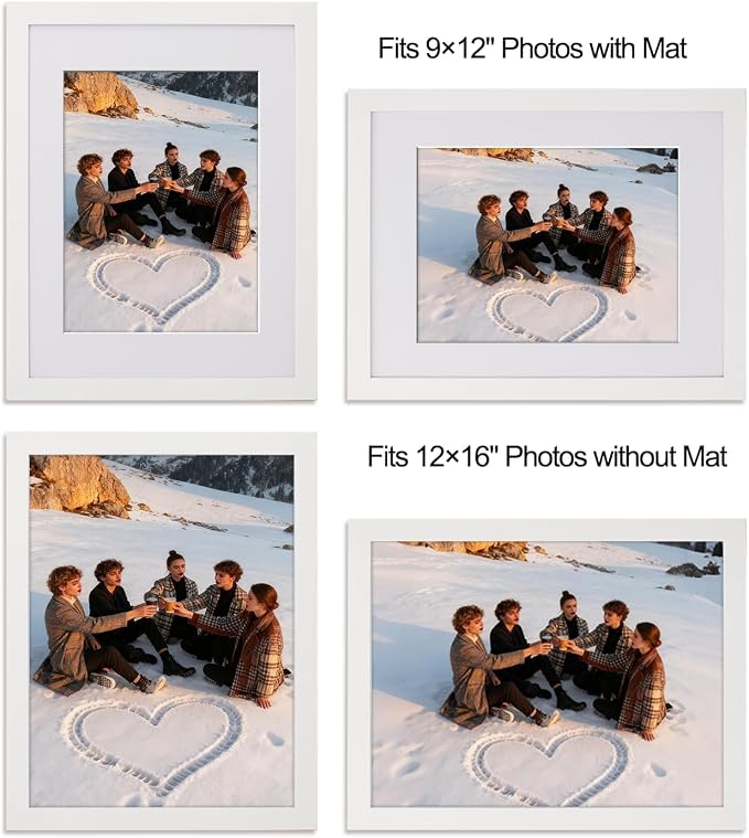 12x16 Picture Frame-White,9x12 Mat,Tempered Glass,Engineered Wood