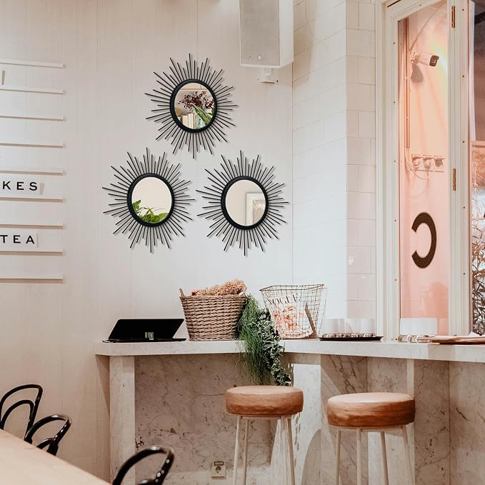 3 Set Sunburst Mirrors for Wall Decor Living Room Bedroom Bathroom Dining Room Metal Boho Sunburst Wall Mirror Set Gold Metal Vintage Circle Art Pack - Black 11.8 in