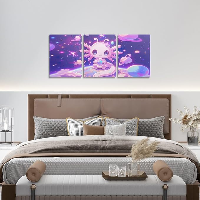 Feelyou Kids Cute Axolotl Wall Painting Posters Galaxy Planet Space Picture Wall Decor Boys Girls Cartoon Animal Canvas Wall Art Living Room Bedroom Dreamy Starry Bathroom Wall Art 12"x16"x 3Pcs
