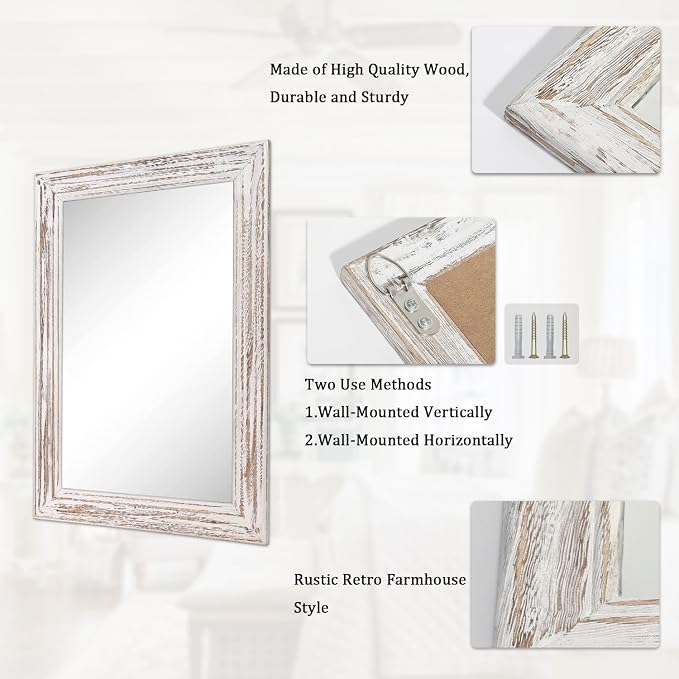Wall Mirror with Rustic Wood Frame Rectangle Hanging Mirrors for Wall Large Decorative for Bathroom Bedroom Farmhouse Living Room Entryway 26"x18"