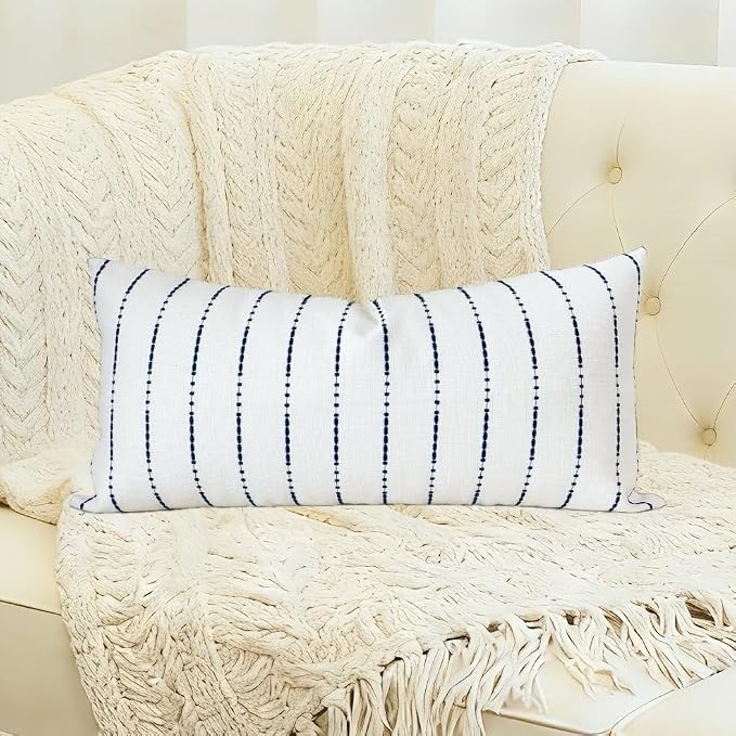 Slow Cow Linen Embroidery Decorative Lumbar Throw Pillow Cover Rectangular Pillowcase Cushion Cover for Bed Couch Sofa 12 x 24 Inches Navy Blue
