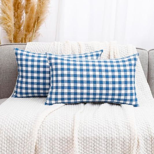 Coastal Decor Light Blue Gingham Plaid Decorative Lumbar Pillow Cover 12x20 | Set of 2 Couch Lumbar Pillow Covers 12 x 20, Aesthetic Room Decor, Outdoor Porch Patio Pillow, Farmhouse Summer Pillow Covers