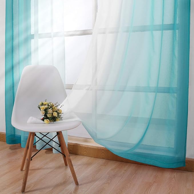 DWCN Teal Ombre Sheer Curtains Faux Linen Gradient Semi Voile Grommet Top Bedroom and Living Room Curtains, Set of 2 Window Curtain Panels, 52 x 84 Inches Long
