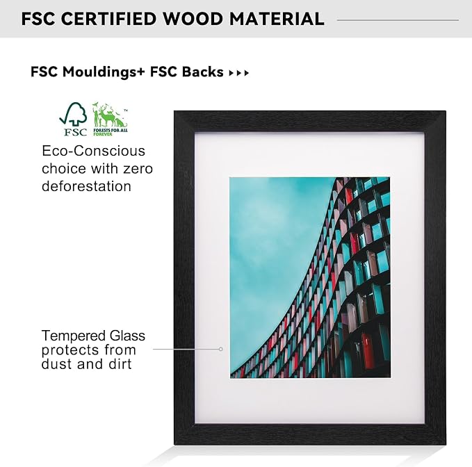 11x14 Picture Frame-Black,8x10 Mat,Tempered Glass,Engineered Wood