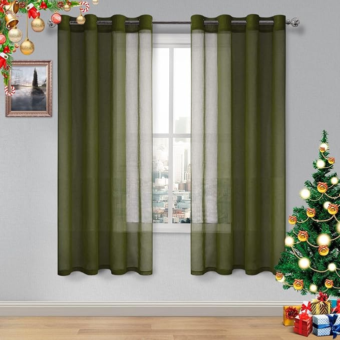 DWCN Olive Green Sheer Curtains for Living Room Bedroom Faux Linen Look Voile Drapes Grommet Top Window Curtain Panel 52 x 63 Inch Length, Set of 2 Panels