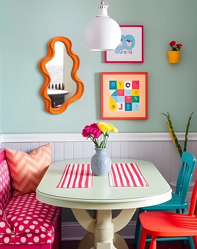 Small Decorative Mirror for Girly Bedroom Dresser Decor, Vivid Abstract Wavy Wall Mirrors for Home Aesthetic Book Coffee Shop Hotel Decoration, Unique Gift for Birthday Thanksgiving (Orange)