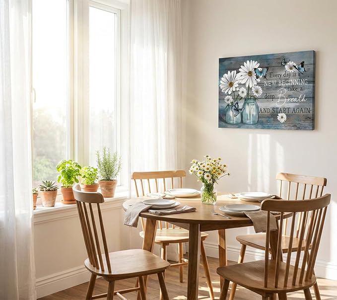 Daisy Canvas Wall Art Butterfly Wall Decor Inspirational Poster Print Flower Picture Painting Still Life Suitable for Country Farmhouse Bedroom Bathroom Rustic Wall Decoration (blue, 16x12in canvas)