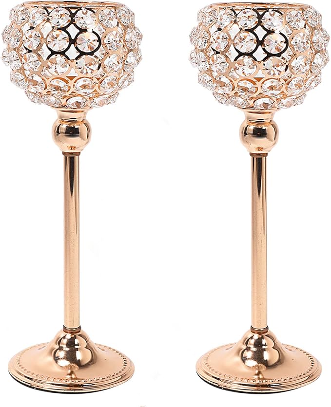 Crystal Candle Holders for Table Centerpiece Tealight Candle Holder Dining Table Centerpiece Table Decorations Christmas Wedding Table Decor Home Décor Housewarming Gifts for Women (Gold, 2pcs 12")