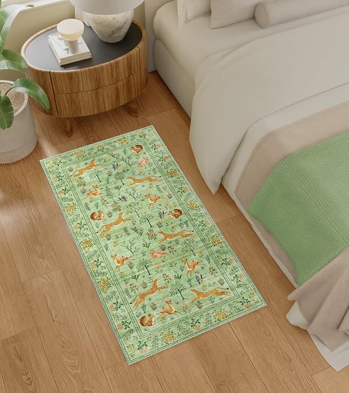 DUKINO 2x5 Rug for Hallway, Washable Animal Runner Rug Non Slip Light Green | Low Pile, Stain Resistant, Soft Indoor Carpet Runner for Kitchen, Entryway, Bedroom, Bathroom, Pet Friendly, Lightweight