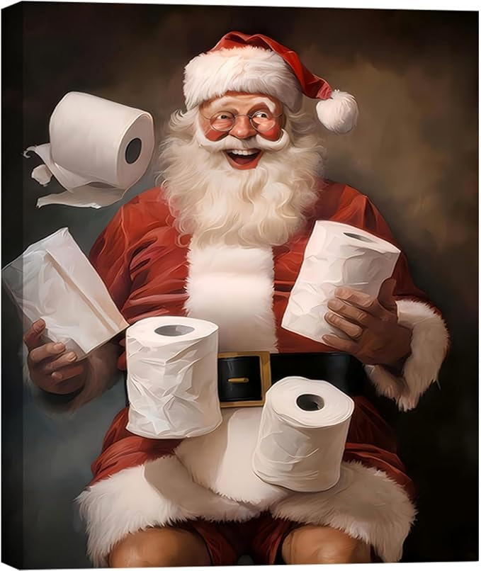 FLZYKGPA Funny Christmas Santa Bathroom Wall Art Prints 12x18in, Winter Christmas Santa Claus Posters Pictures Wall Decor for Shower Room Bathroom Washroom, Framed Ready to Hang