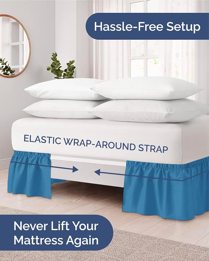 Wrap Around Dust Ruffle Bed Skirt - College Dorm Room - Twin/Twin XL | Denim Blue, 21 Inch Drop, Elastic Strap & Adjustable Pleated Bedskirt, Wrinkle Free, for Women, Men, Students, Kids & Teens