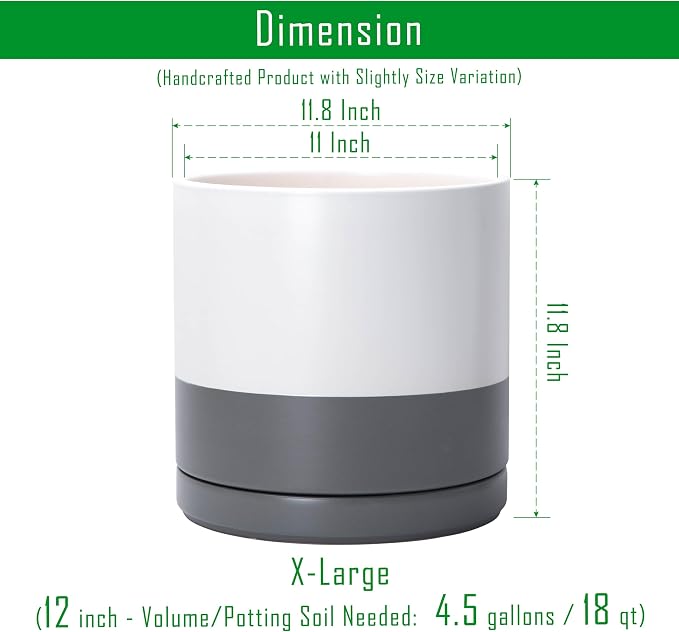D'vine Dev 12 Inch Ceramic Planter Pot, White/Grey, 94-O-F-6 | Modern Cylinder Design, Drainage Hole & Saucer Included, Stable Structure, Elegant Home Accent