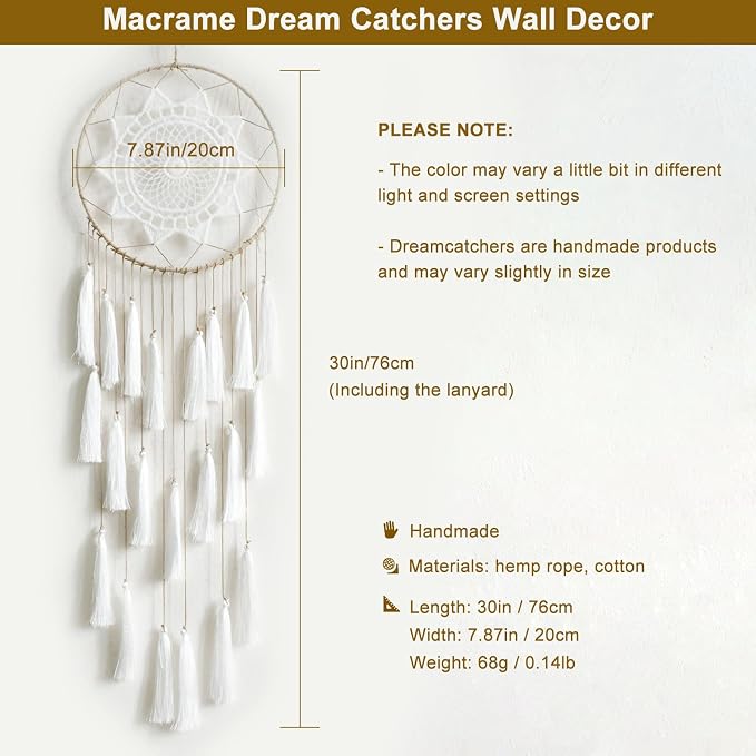 Artilady Macrame Dream Catcher Wall Hanging, White Large Boho Bedroom Decor