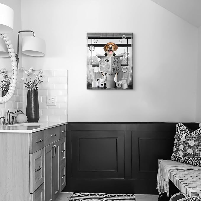 Funny Beagle Dog Wall Art Black and White Farmhouse Bathroom Print - Animal Decor Sitting in Toilet Reading Newspaper Painting - Framed Artwork 12x16 Inch