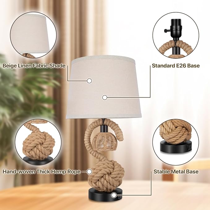 22" Rope Table Lamps for Night Stands, Dual-Lights Bedside Lamps Set of 2