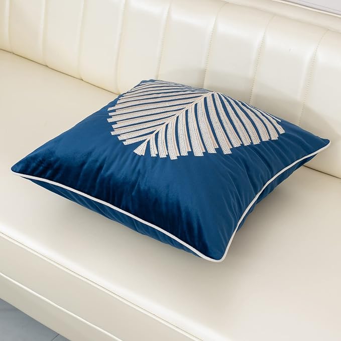 Aeckself 20 x 20 Inch Navy Blue Square Throw Pillow Cover Tree Leaves Embroidery Velvet Cushion Case Luxury Modern Pillowcase for Couch Living Room Bedroom Car 50 x 50cm