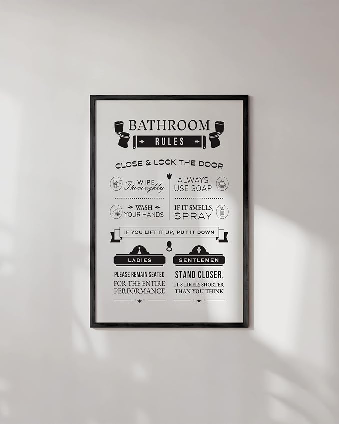 HAUS AND HUES Funny Bathroom Rules Wall Art – Toilet Rules Poster, Humorous Bathroom Sign, Funny Wall Decor for Restroom or Guest Bath (24x36, Unframed)