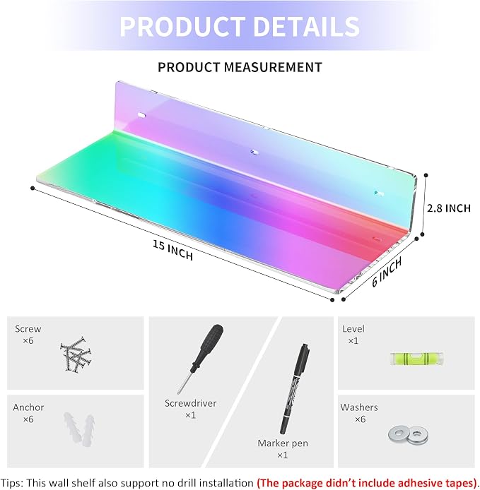 Sezanrpt 2 Pack Iridescent Acrylic Floating Shelves 15 Inches, Wall Hanging Bathroom Shelves, Wall Storage Shelf for Kitchen, Dining Room, Living Room, Bedroom, Bathroom, Retail, Supermarket