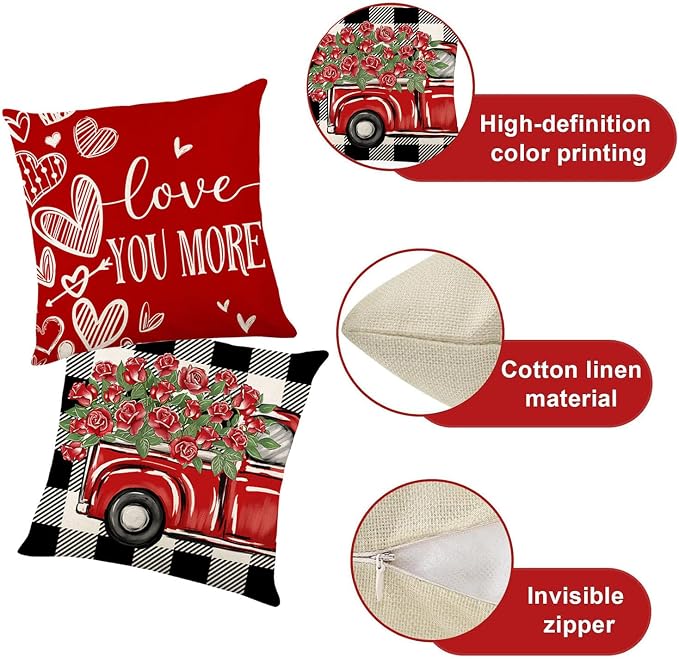 ONFAON Valentines Day Decorations-Valentines Day Pillow Covers 18x18 Set of 4,Red Buffalo Check Valentine's Day Love Heart Throw Pillow Covers Holiday Farmhouse Anniversary Wedding Home Sofa Couch