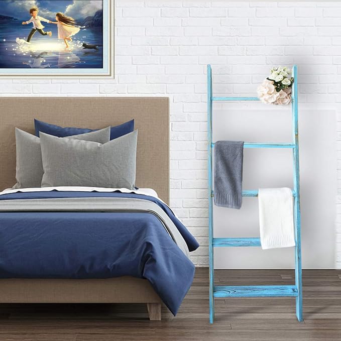 Honest Blanket Ladders for the Living Room, 5-Tier Blanket Holder, Wall-Leaning Blanket Rack, Ladder Shelves, Wooden Quilt Ladder, Farmhouse Decor, Blue