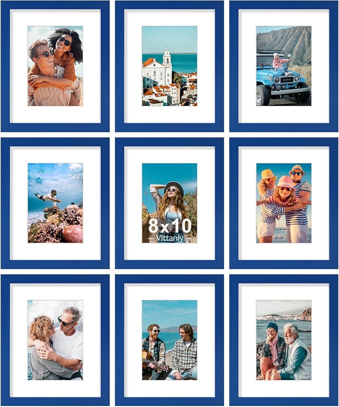 Vittanly 8x10 Picture Frames Set of 9 for Wall or Tabletop Display, Blue | Display Pictures 5x7 with Mat or 8x10 without Mat, Small Photo Frames, Engineered Wood with Shatter Resistant Plexiglass