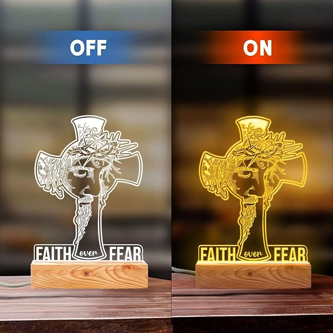 Faith Over Fear LED Night Light with Jesus and Cross Design