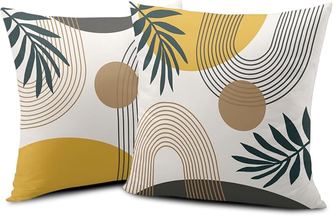 2 Pack Abstract Boho Pillow Covers 20x20 Mid Modern Decorative Pillow Cases Simple Circle Geometric Throw Pillow Covers Green Leaf Home Decor for Bed Couch Sofa