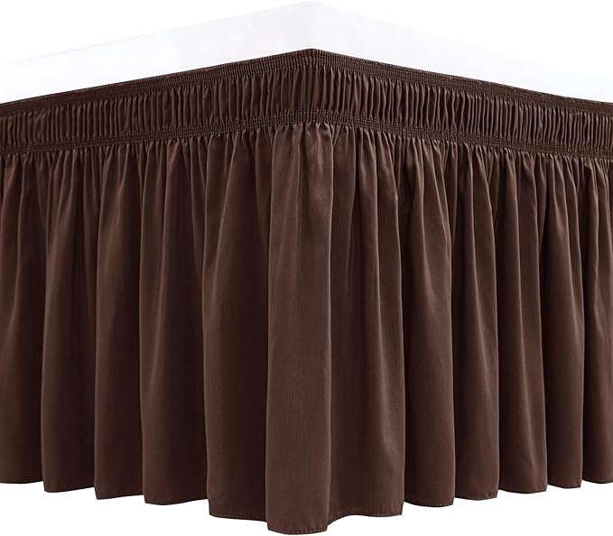 Wrap Around Bed Skirt King Size 22" Drop-Elastic Long Dust Ruffle Brown | Adjustable Pleated Bedskirt-Easy Fit Wrinkle Resistant Washable Hotel Quality Fabric Bed Skirting-Master Guest Bedroom Rental