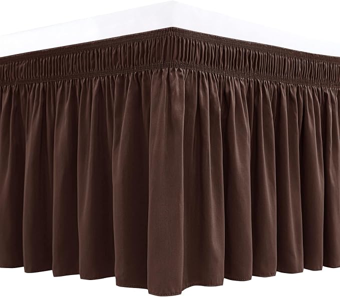 Wrap Around Bed Skirt Full Size Beds 15" Drop-Elastic Dust Ruffle Brown | Adjustable Pleated Bedskirt-Easy Fit Wrinkle Resistant Washable Bed Skirting-Hotel Studio Apartment Home Guest Bedroom Rental
