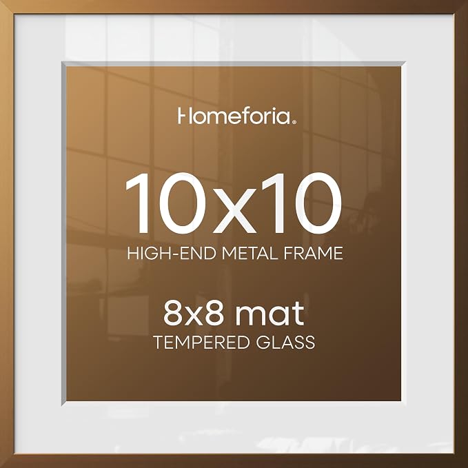 Homeforia 10x10 Bronze Picture Frame, High-End Metal, 8x8 Mat, Glass