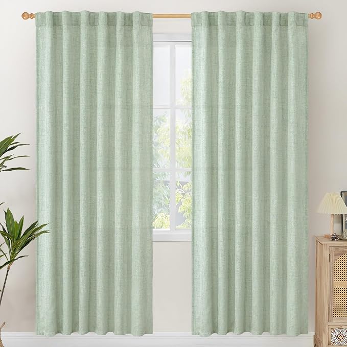 YoungsTex Sage Green Linen Curtains 78 Inches Long for Living Room Spring Decor, Semi Sheer Window Drapes Light Filtering with Rod Pocket Back Tab for Office Bedroom, 2 Panels, 52 X 78 Inch