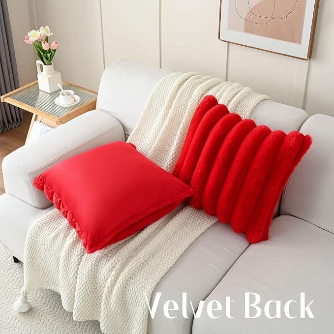 HAUSSY Pack of 2 Pillow Covers 18x18 Inch, Faux Fur Decorative Couch Throw Pillows Soft Striped Plush Cushion Covers Home Decor Cute Furry Pillowcase for Living Room Sofa Bed, Red (Covers Only)